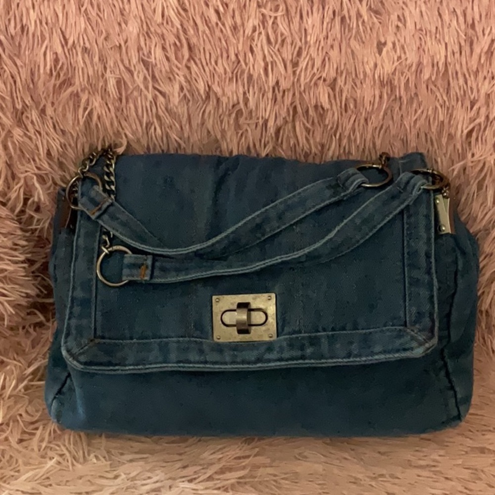 Denim Blue Flap Shoulder Bag with Turn-Lock Accent